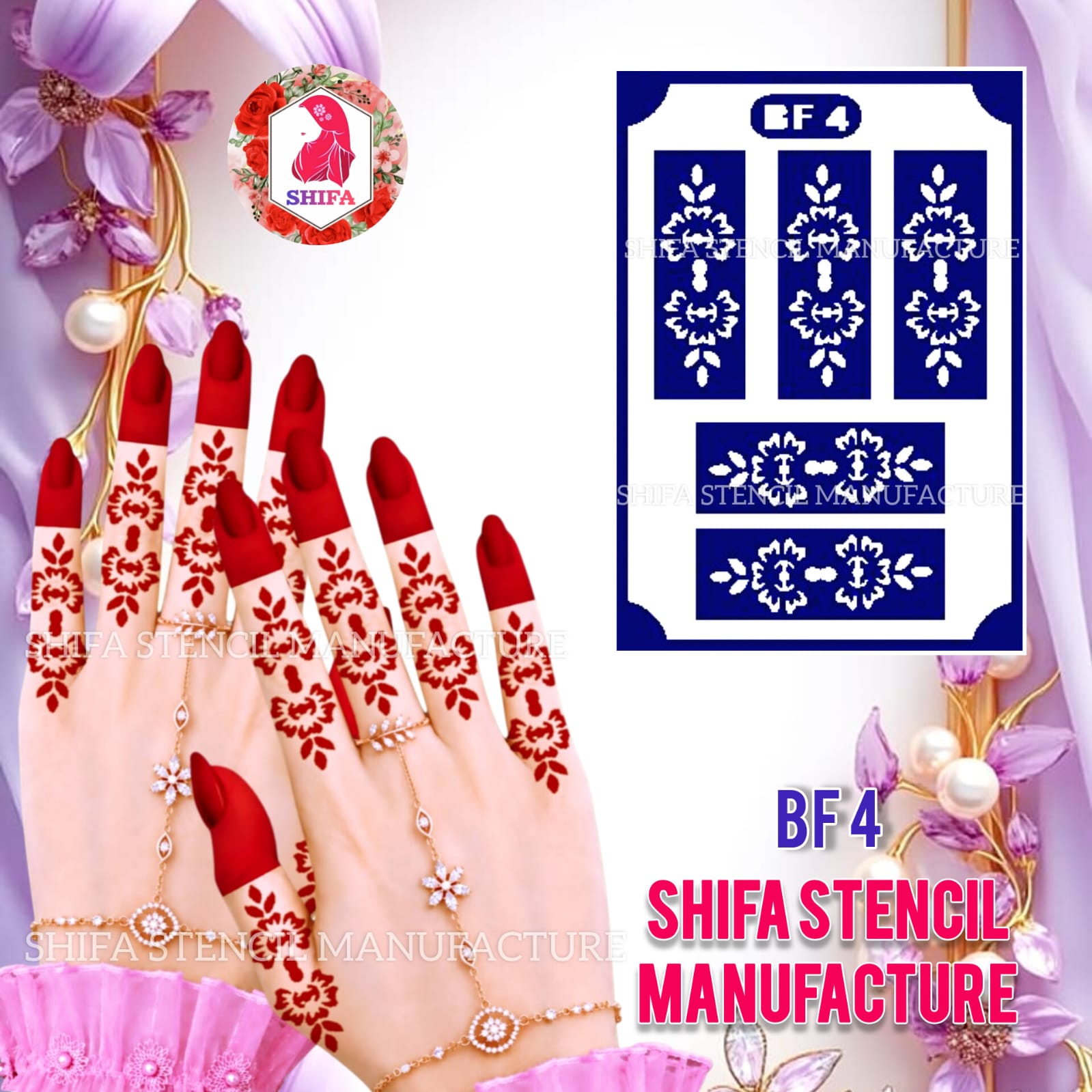 BF4 Finger Mehndi Stencil | Premium Floral Pattern | Shifa Stencil Manufacture Sticker overview Henna Stencil - Shifa Stencil